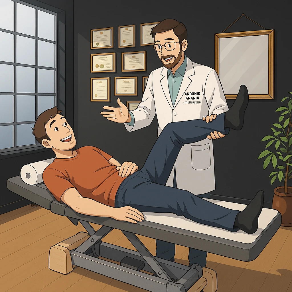 su questo lettino rappresenta un webtoon manga a colori con questo stile, in cui un uomo è steso sul lettino medico e il kinesiologo con il camice bianco (fagli anche la scritta "ANTONIO ANANIA" SUL CAMICE, gli solleva una gamba per fargli il test neuromuscolare, IL KINESIOLOGO SPIEGA ALL'UOMO UNA cosa mentre gli alza la gamba. l'espressione dell'uomo è felice e soddisfatta, non fare i fumetti però, fai solo in modo che sembri stiano parlando emoji