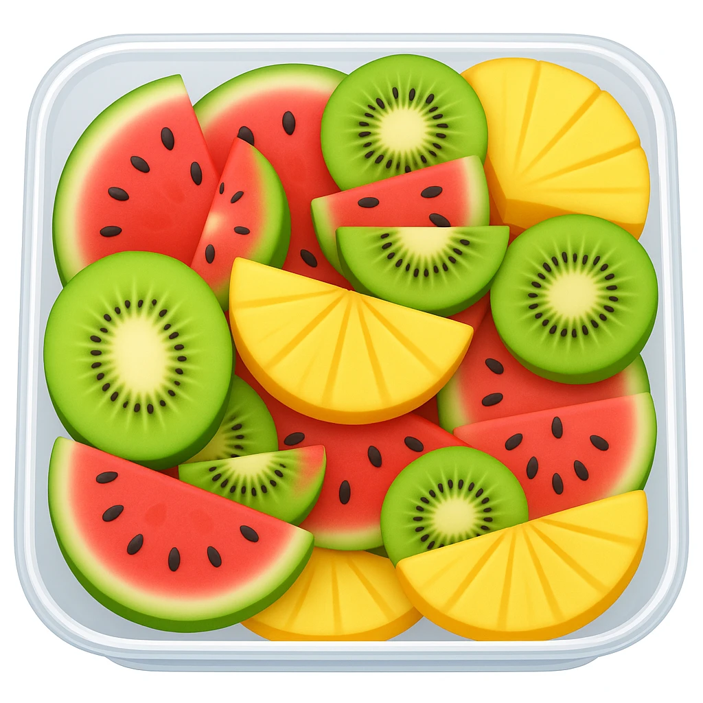 Change the box to a transparent container, keep the fruit platter arrangement the same, in the style of emoji (apple style emojis). emoji
