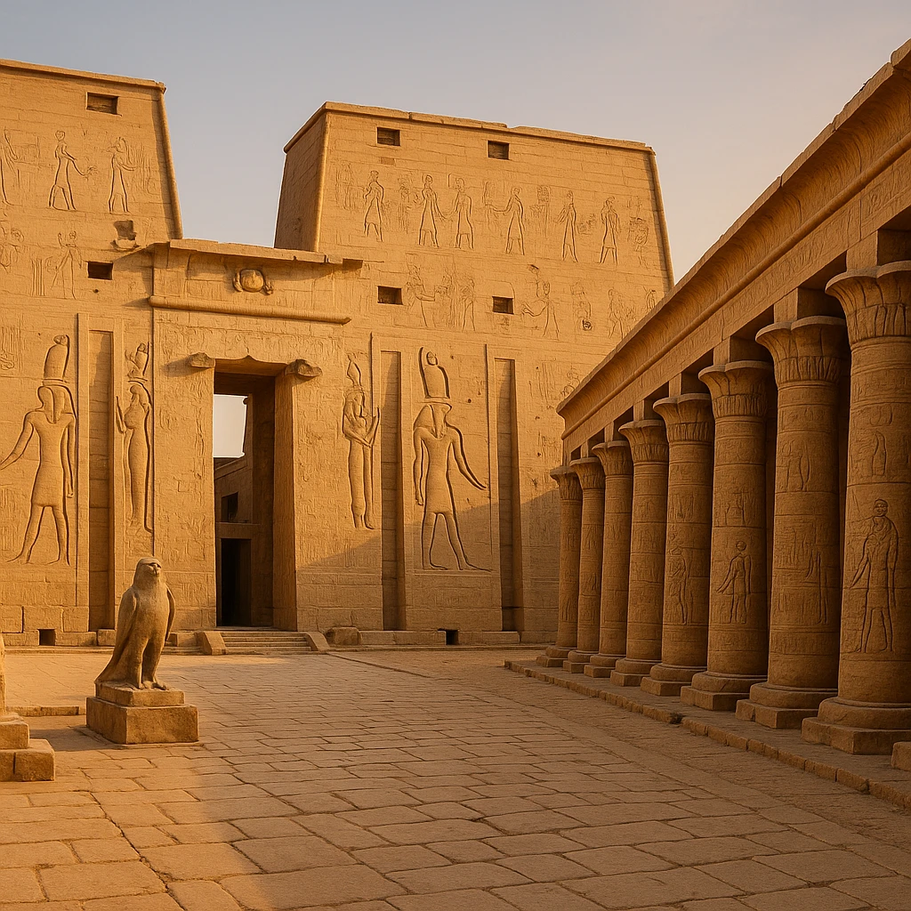 Edfu Temple in Egypt, ancient Egyptian architecture, sandstone columns, hieroglyphics, falcon motifs, iconic pylon entrance, warm desert colors emoji