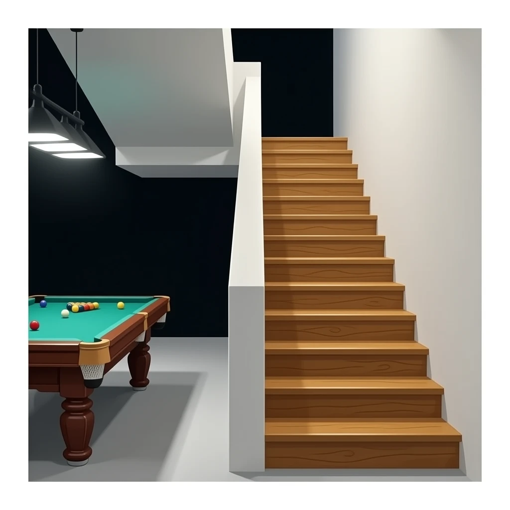 Des marches d’escaliers en bois de chêne entre deux murs blanc et à gauche un billard, arrière plan noir emoji