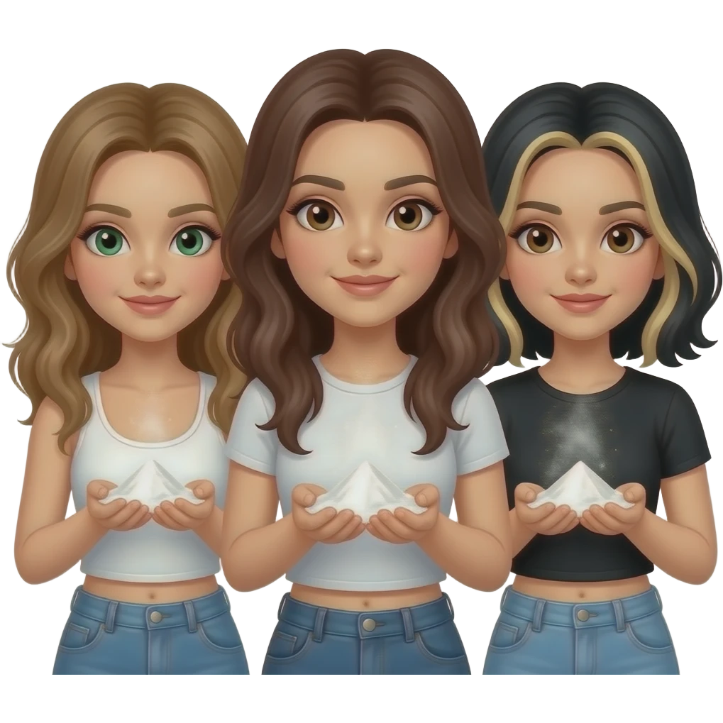 Three girls with white powder cocaine. One brownish blonde hair and green eyes with white tank top, one brunette hair, and one with brown eyes and black hair and blonde highlights in hair emoji