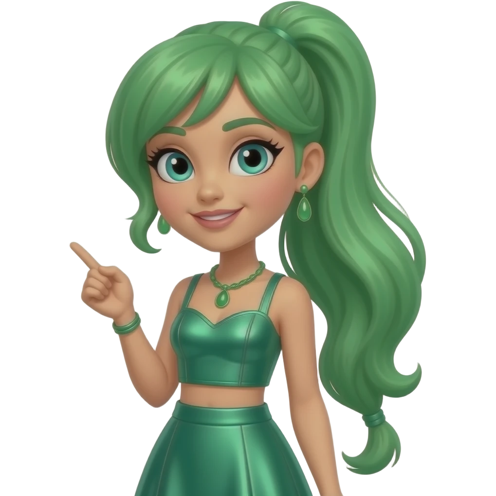 Jade Hunter from Rainbow High with turquoise eyes, long green ponytail hair, green metallic sweetheart crop top and long skirt, green necklace and earrings emoji
