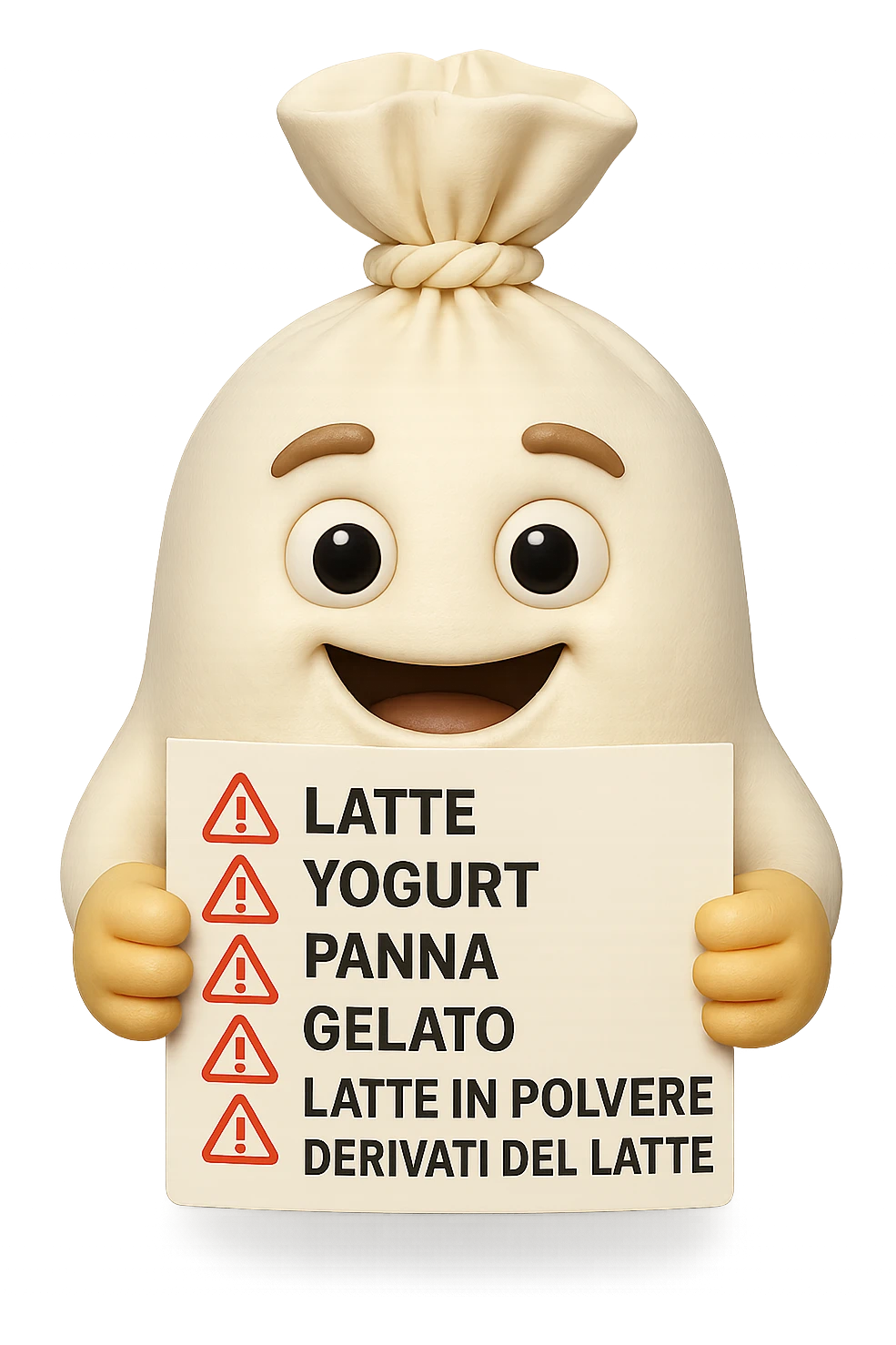 SU QUESTO STILE FAI UN EMOJI STILE IPHONE 3D DI UNa busta di mozzarelle con ETICHETTA CON GLI INGREDIENTI SCRITTI, "latte, yogurt, panna, gelato, latte in polvere, derivati del latte." accanto ad ogni nome scritto mettici un segnale di allarme, FALLO MOLTO REALISTICO IN 3D emoji