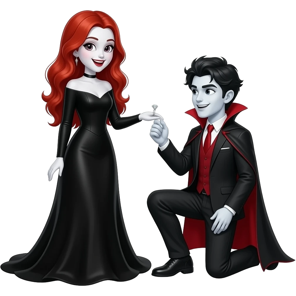 Vampiro femmina ADOLESCENTE con pelle bianca e capelli rosso ondulati lunghi che indossa un vestito nero LUNGO con le maniche lunghe e il suo ragazzo VAMPIRO ADOLESCENTE con la pelle bianca  si inginocchia e le chiede di sposarlo con un anello d'argento con un diamante ed la ragazza e felice emoji