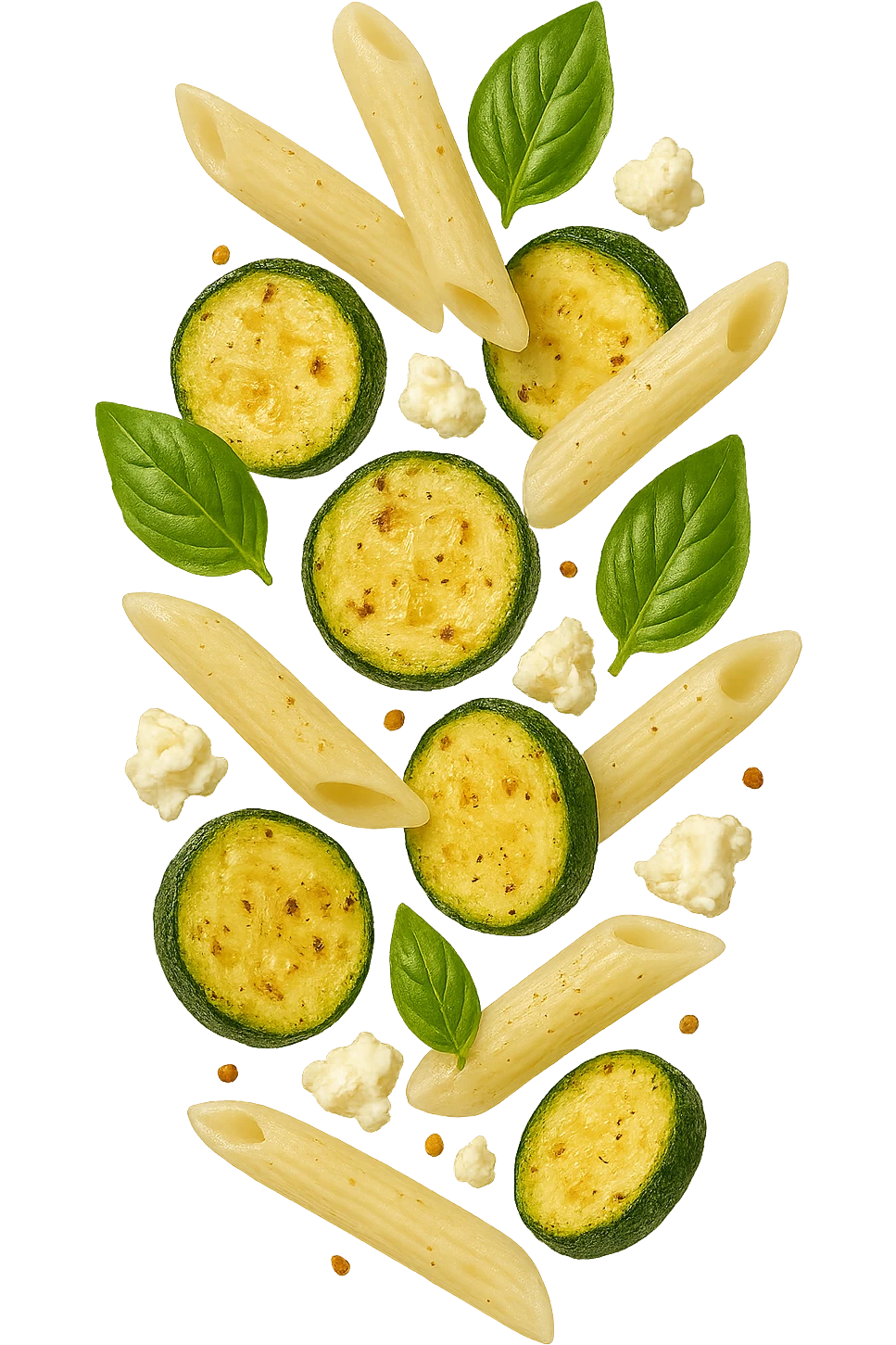 EMOJI STILE IPHONE DI Pasta di riso con zucchine, basilico e feta cade verticalmente, iperrealistica 4k emoji