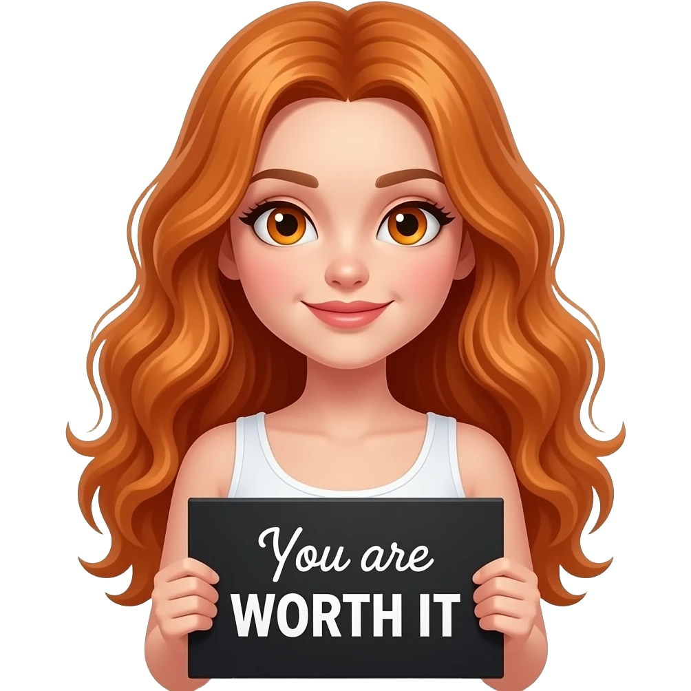 sexy girl with long wavy ginger hair and ginger eyes wearing a white tanktop is holding a black colored sign with You are WORTH IT written on it emoji