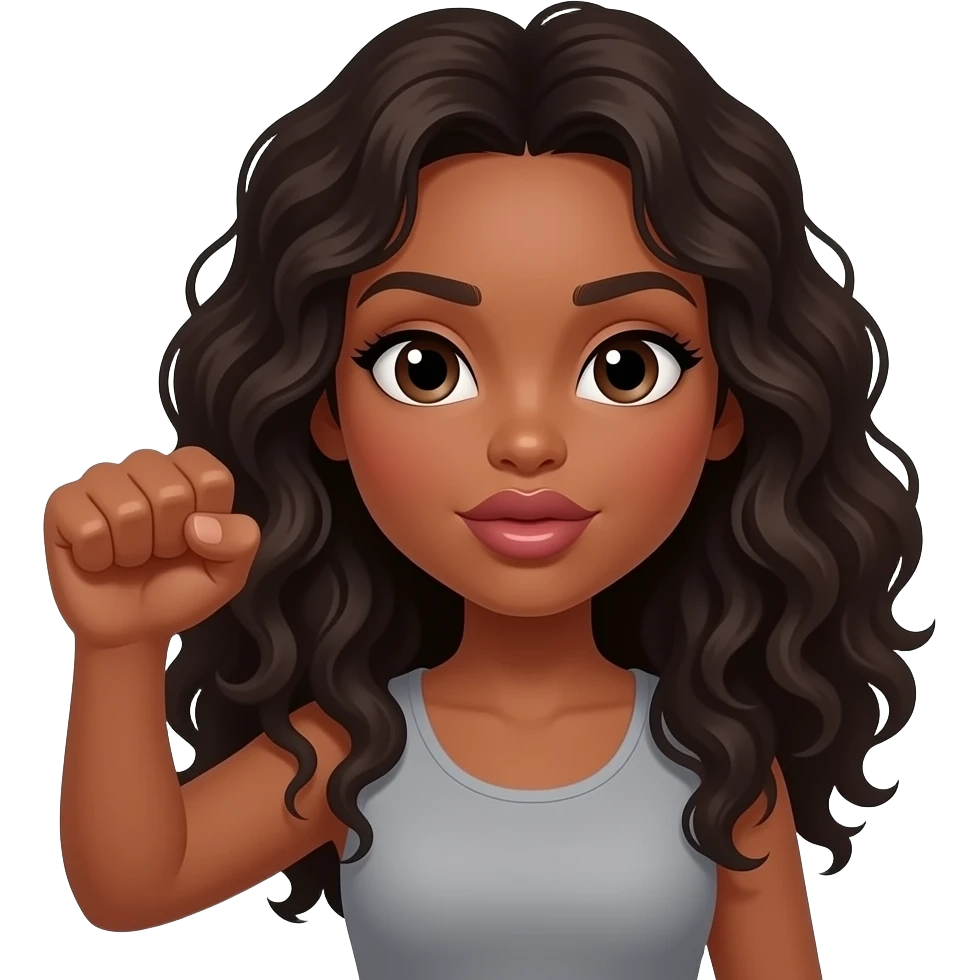 A brown woman with dark long curly hair and big pouting lips Holding her hand up with an open fist emoji