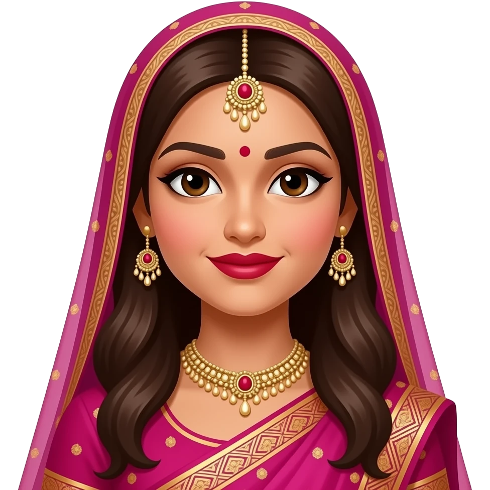 With skinny small slim eyes an Indian baddie wearing hot pink with long brown hair VERY dark skin with a red lip and an indian thing on her head emoji