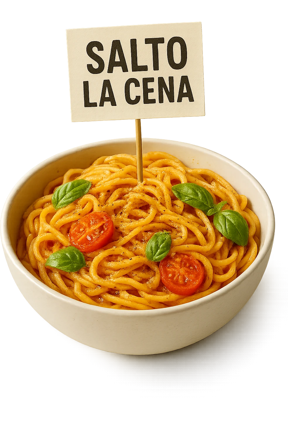 BOWL DI PASTA CON CARTELLO CON LA SCRITTA "SALTO LA CENA",  iperrealistico 4k emoji
