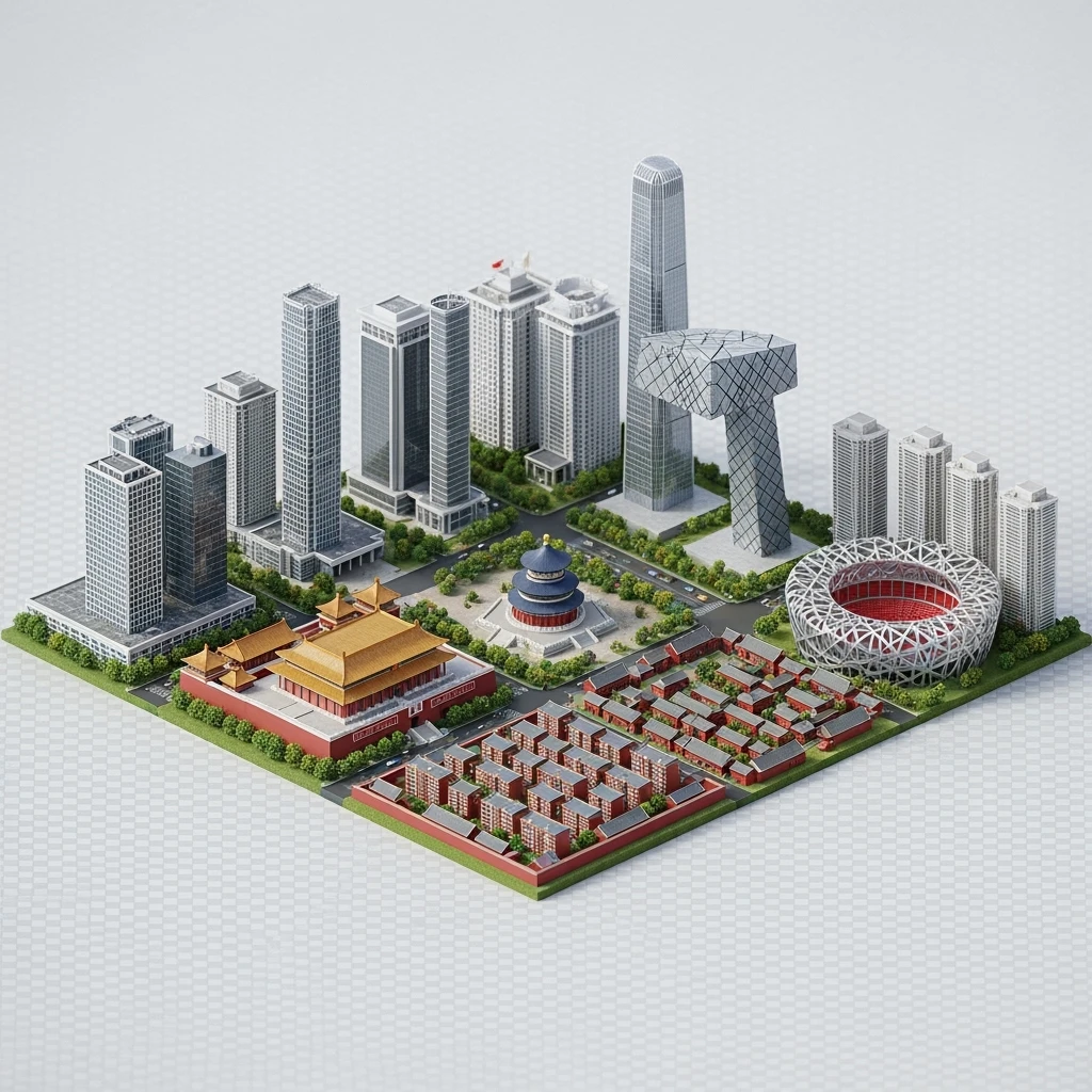 Isometric miniature of Beijing Forbidden City, Tiananmen Square, CCTV Headquarters, Temple of Heaven, China Zun skyscraper, Bird’s Nest Stadium, Beijing apartment blocks, 3D miniature effect and Tilt Shift effect, no cartoonish look, transparent background, don't cut angles emoji