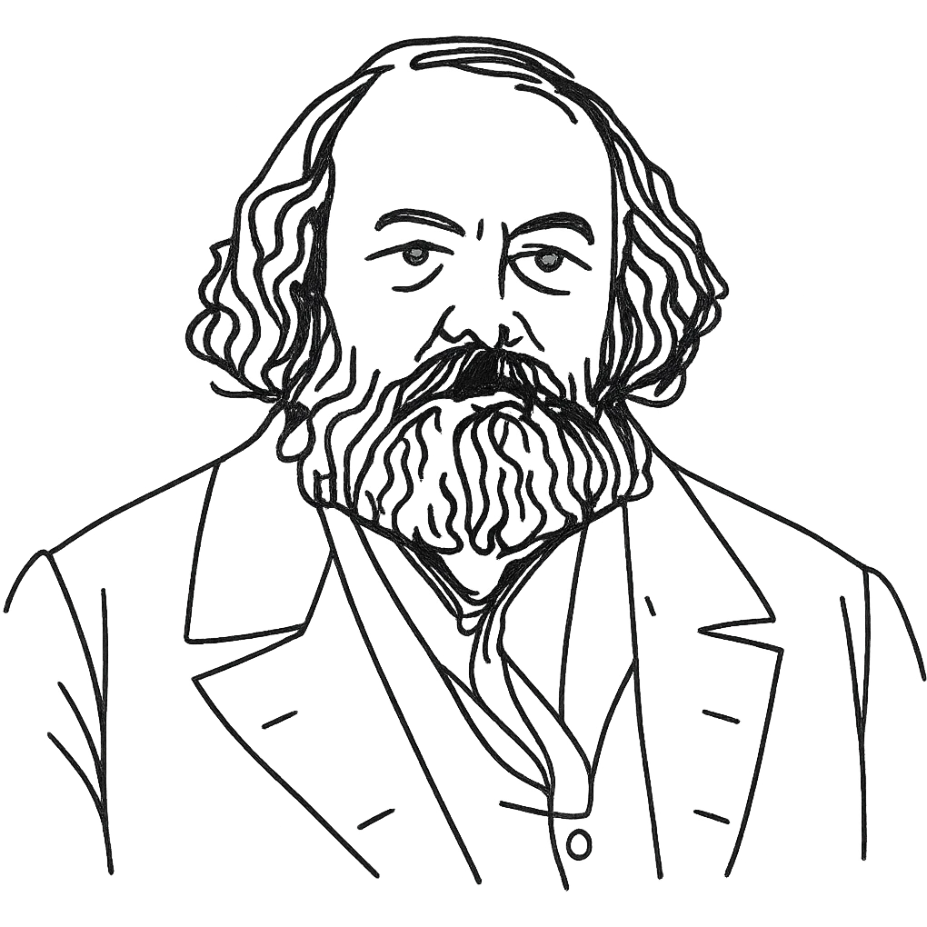 Hand-drawn black outline portrait of Mikhail Bakunin with expressive lines, no fill, transparent background, focusing on facial features and beard. emoji
