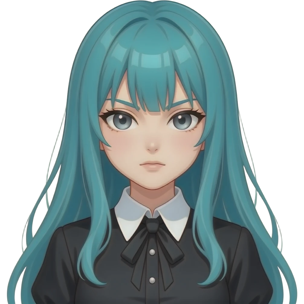anime girl, aggressive, long flowing teal hair, grey eyes, black shoulder cyberpunk blouse with fancy white collar emoji