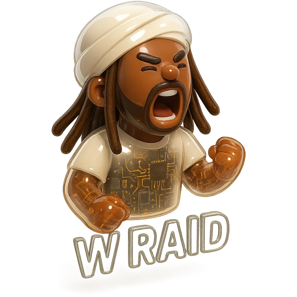Brownskin man with long brown dreadlocks 
White  t-shirt 
WHITE turban 
expression is yelling 
Add the word W RAID emoji