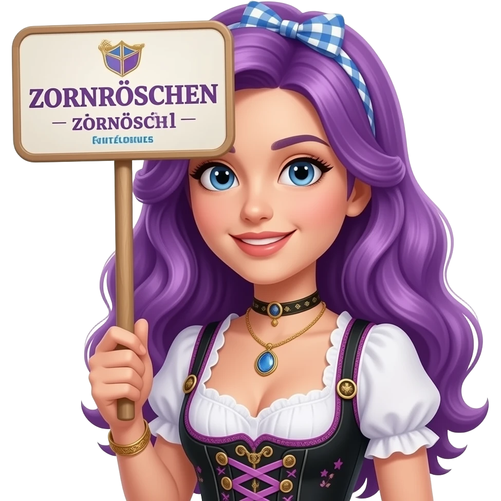 sexy girl with long purple hair wearing a dirndl holding a ZORNRÖSCHEN sign emoji