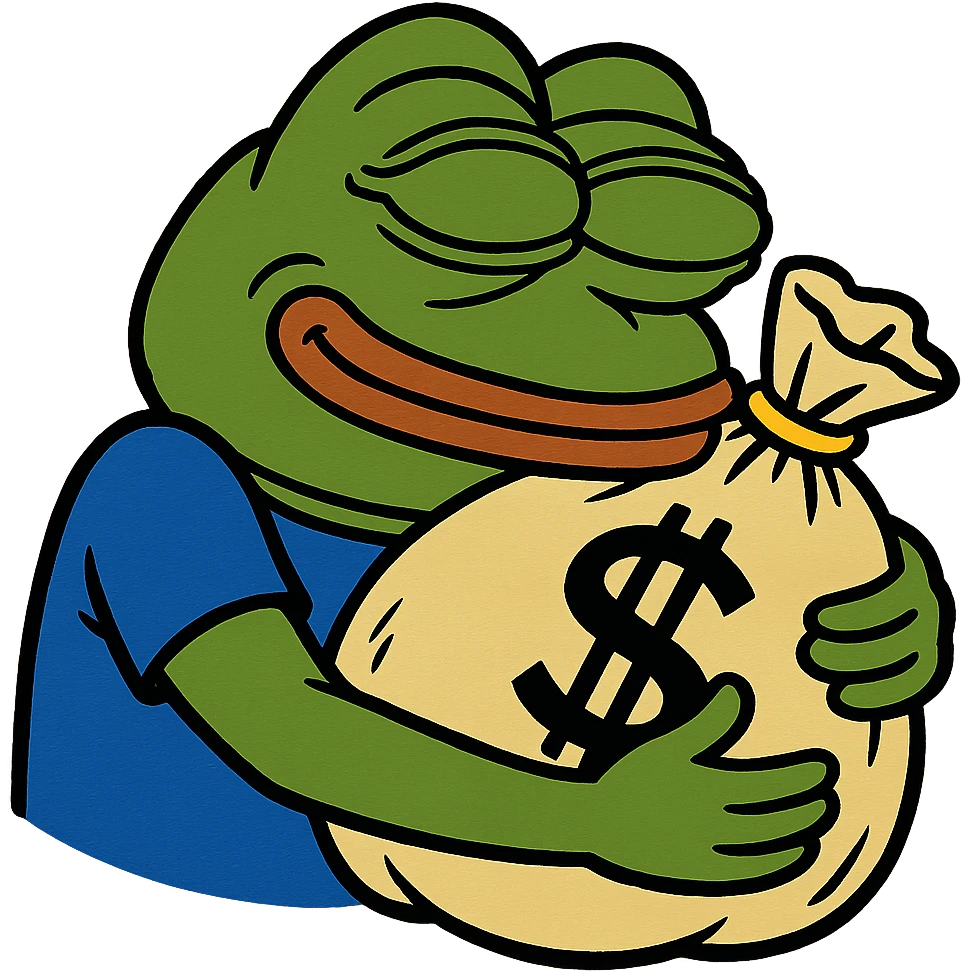 Pepe the Frog hugging a large money bag, content face emoji