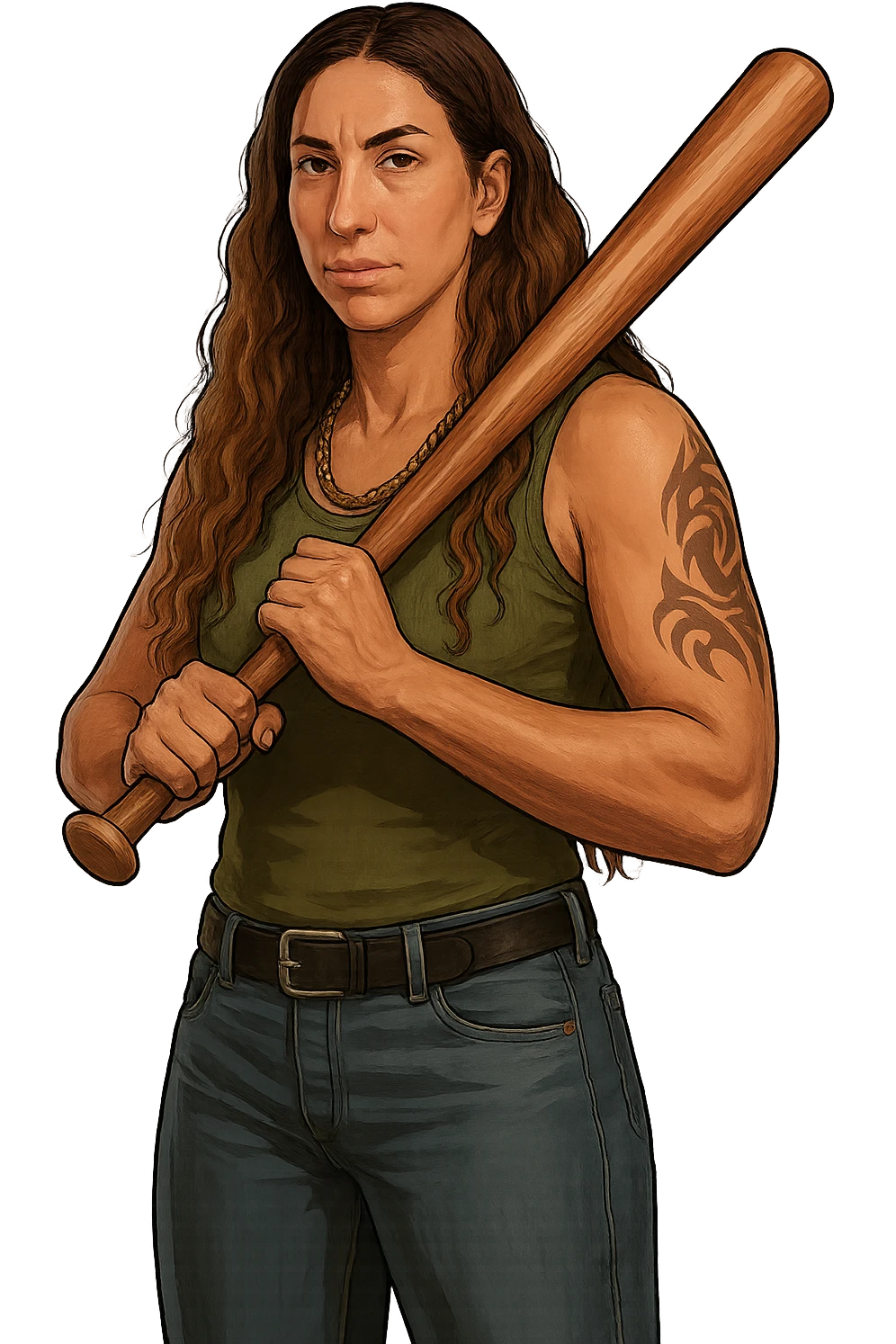 Create an image of CJ from GTA San Andreas in the GTA5 art style. The character should be holding a baseball bat and have a streetwise look. The character must resemble the person in the provided reference photos. The background should be removed (transparent). emoji