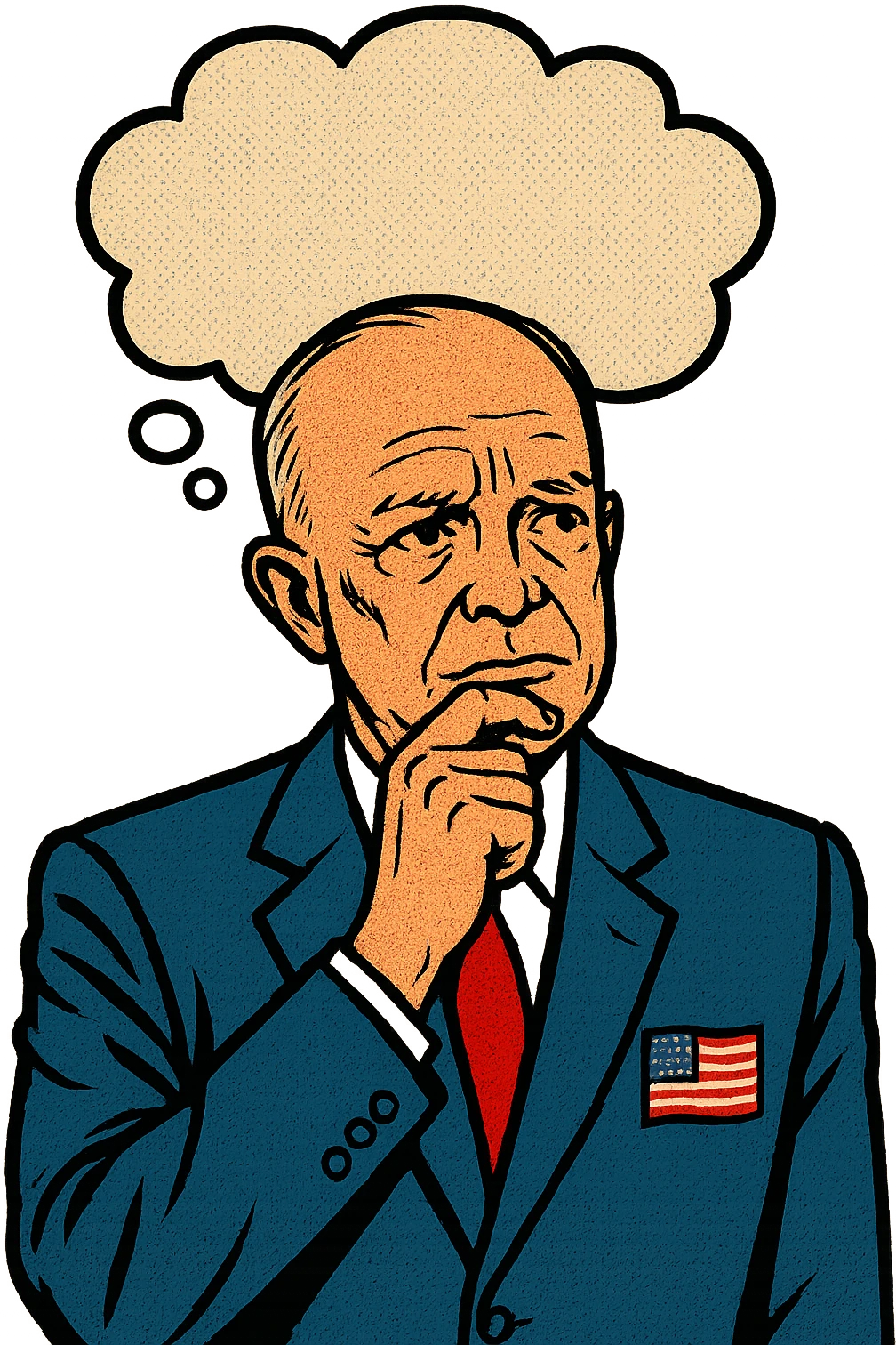 US President Eisenhower facing forward thinking about something.  He is wearing a blue suit with the US flag badge on his chest emoji