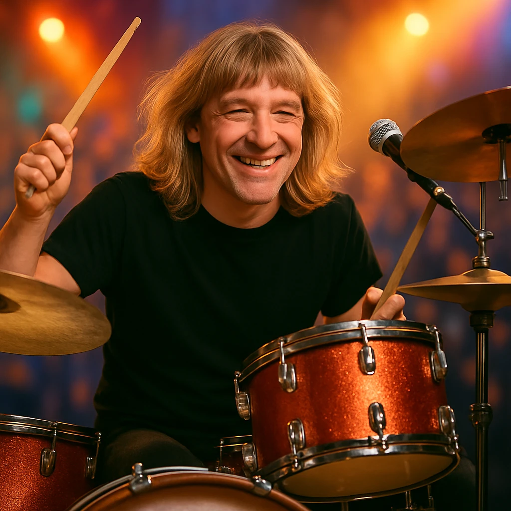 Make the male drummer look older with mature facial features and subtle signs of age, while keeping the long blonde hair on top with bangs and lively atmosphere. emoji