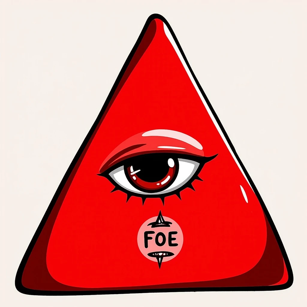 blood-red triangle with a mysterious glowing eye, FOE symbol, hand-drawn black doodle style emoji