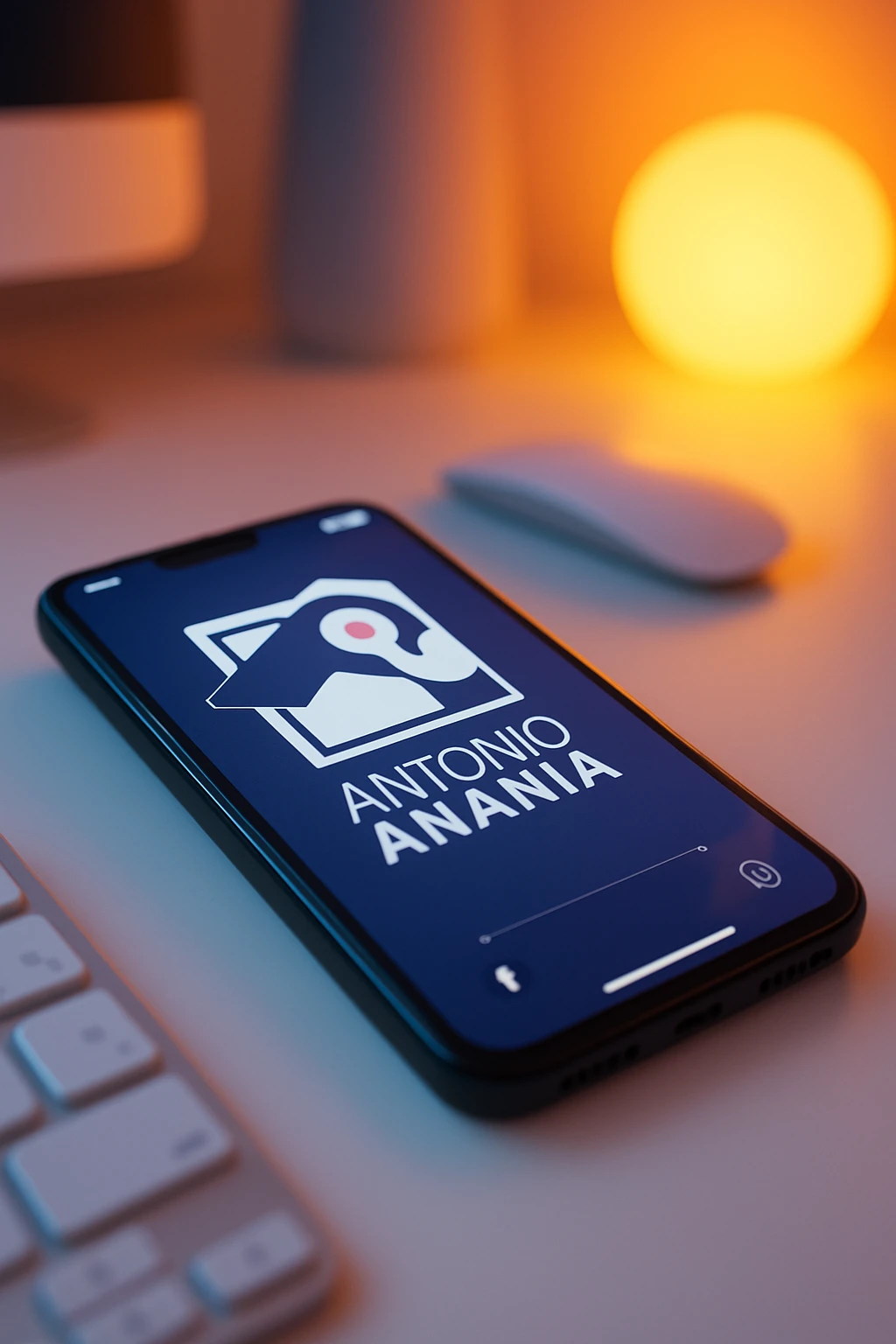 A photo of an iPhone on the desk with the logo of "Antonio Anania" on its screen, The phone sits atop a desk with a blurred with the logo in the background that suggests work environment. A faint glow from above casts gentle shadows across the surface of each object, creating depth and highlighting their textures emoji