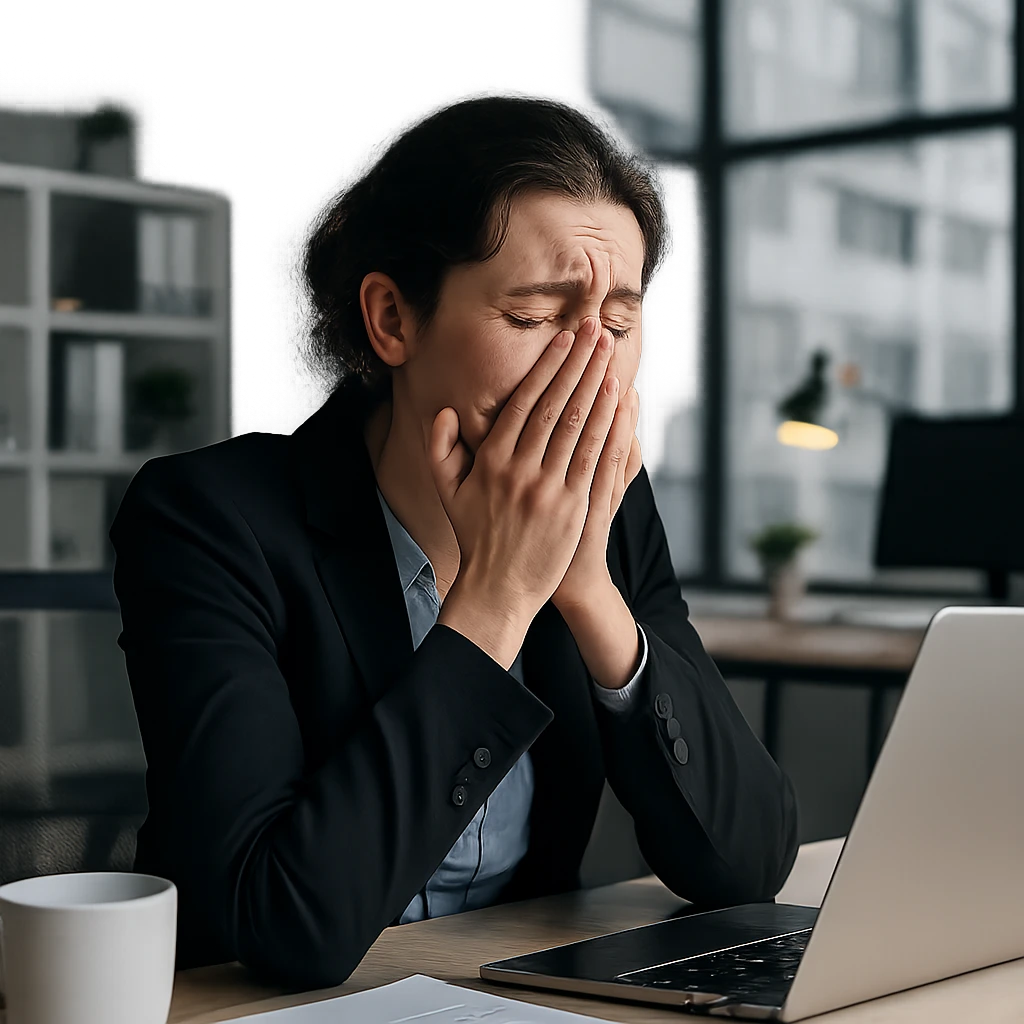 office worker crying while working, modern office setting, emotional expression, professional attire, digital workspace, stressed atmosphere emoji