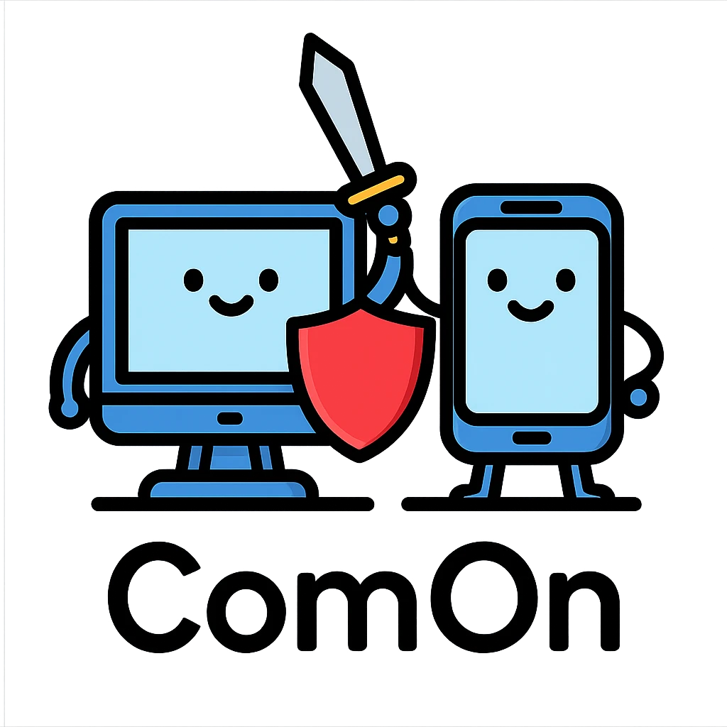 A computer and a phone depicted as allies or fighters for the ComOn service, working together seamlessly emoji