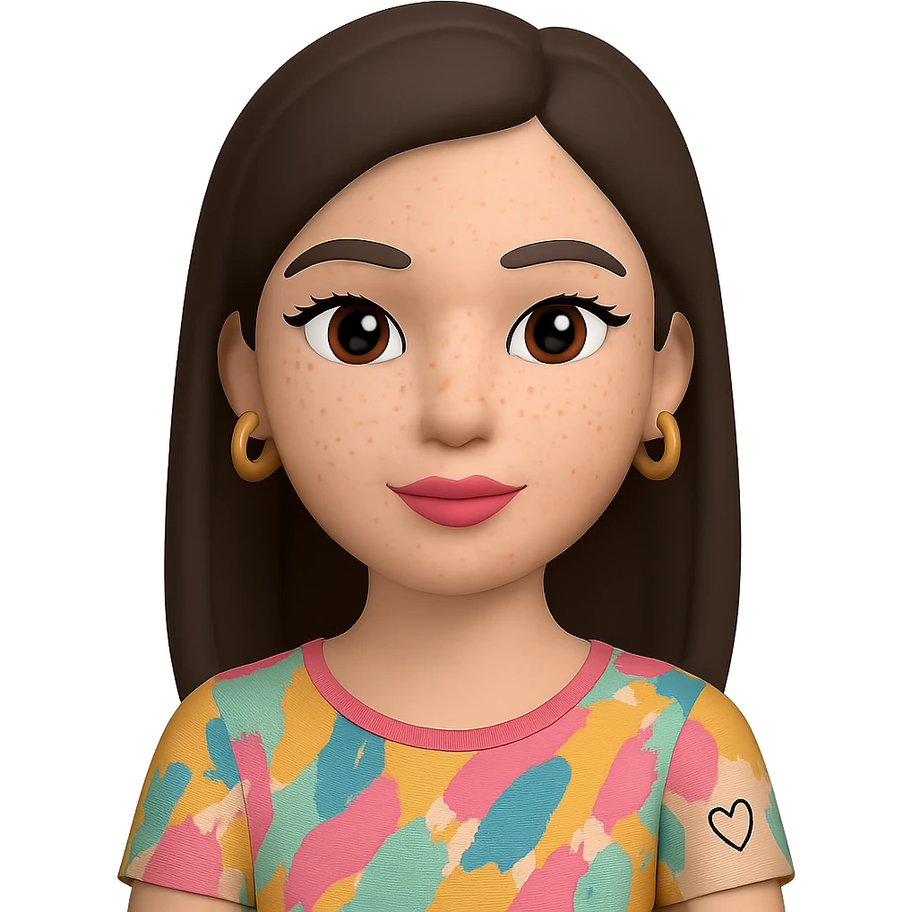 Change the skin to white, add freckles on the cheeks and nose, and ensure the hair is straight, keeping the rest the same. The subject is a female Memoji with an oval face, elegant makeup, long dark brown hair, colorful top, and a small visible tattoo on the arm. Maintain the transparent background. emoji
