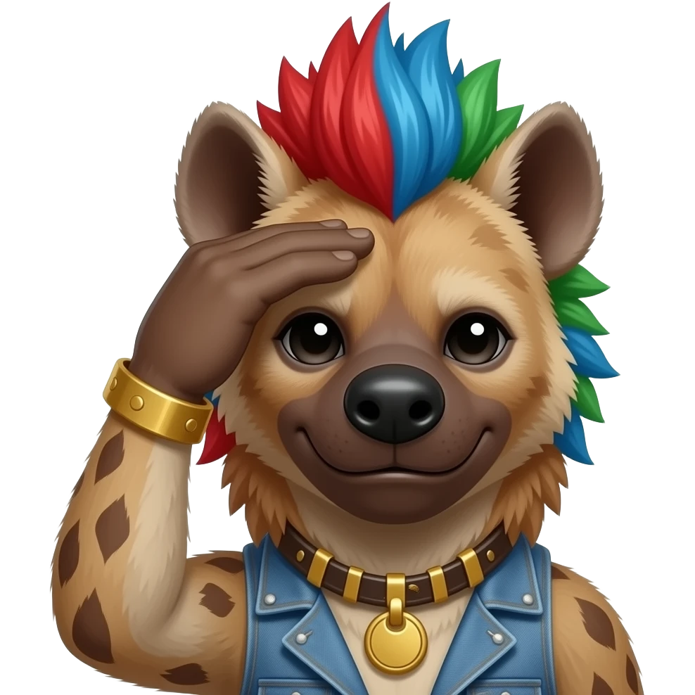hyène punk cheveux rouge bleu vert qui se tape le front avec la pate emoji