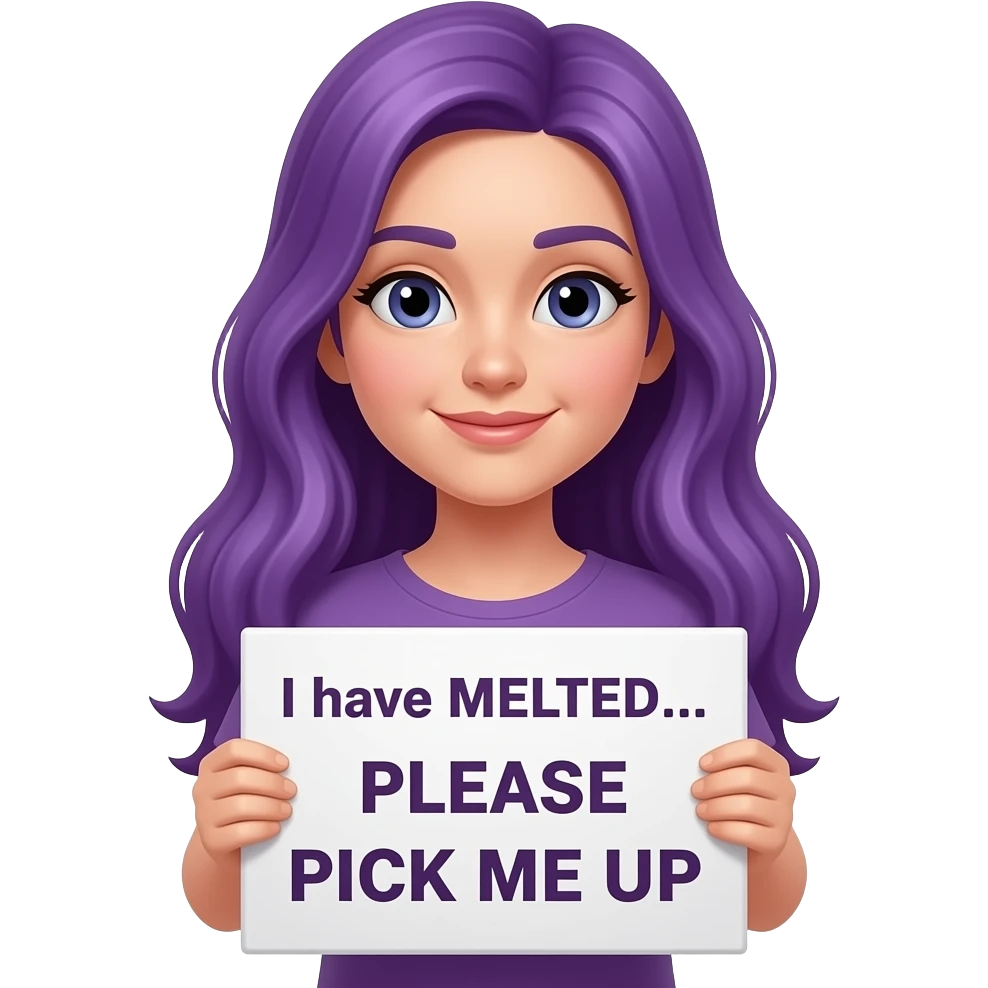 girl with long purple hair holding a I have MELTED.... PLEASE PICK ME UP sign emoji