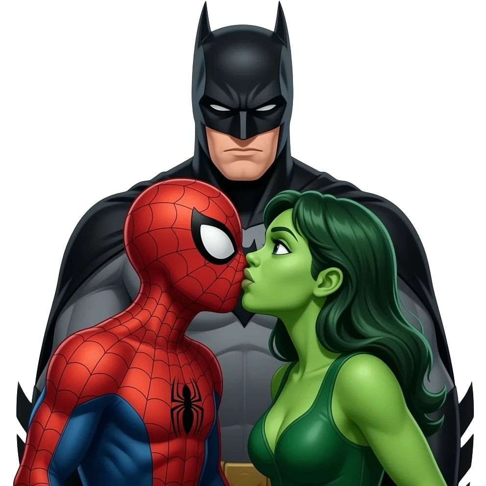 Spider man and hulk woman kiss kiss creepy, batman behind her. bust size view emoji