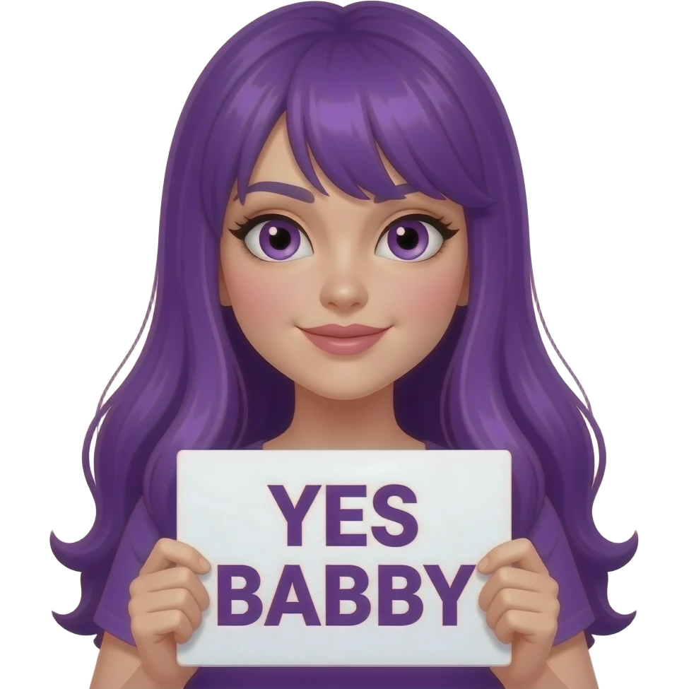 sexy girl with long purple hair and purple eyes holding a YES BABY sign emoji