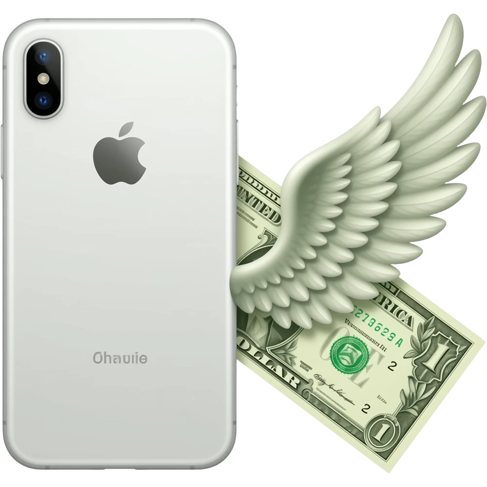 A white iPhone is placed next to a banknote with wings on it emoji