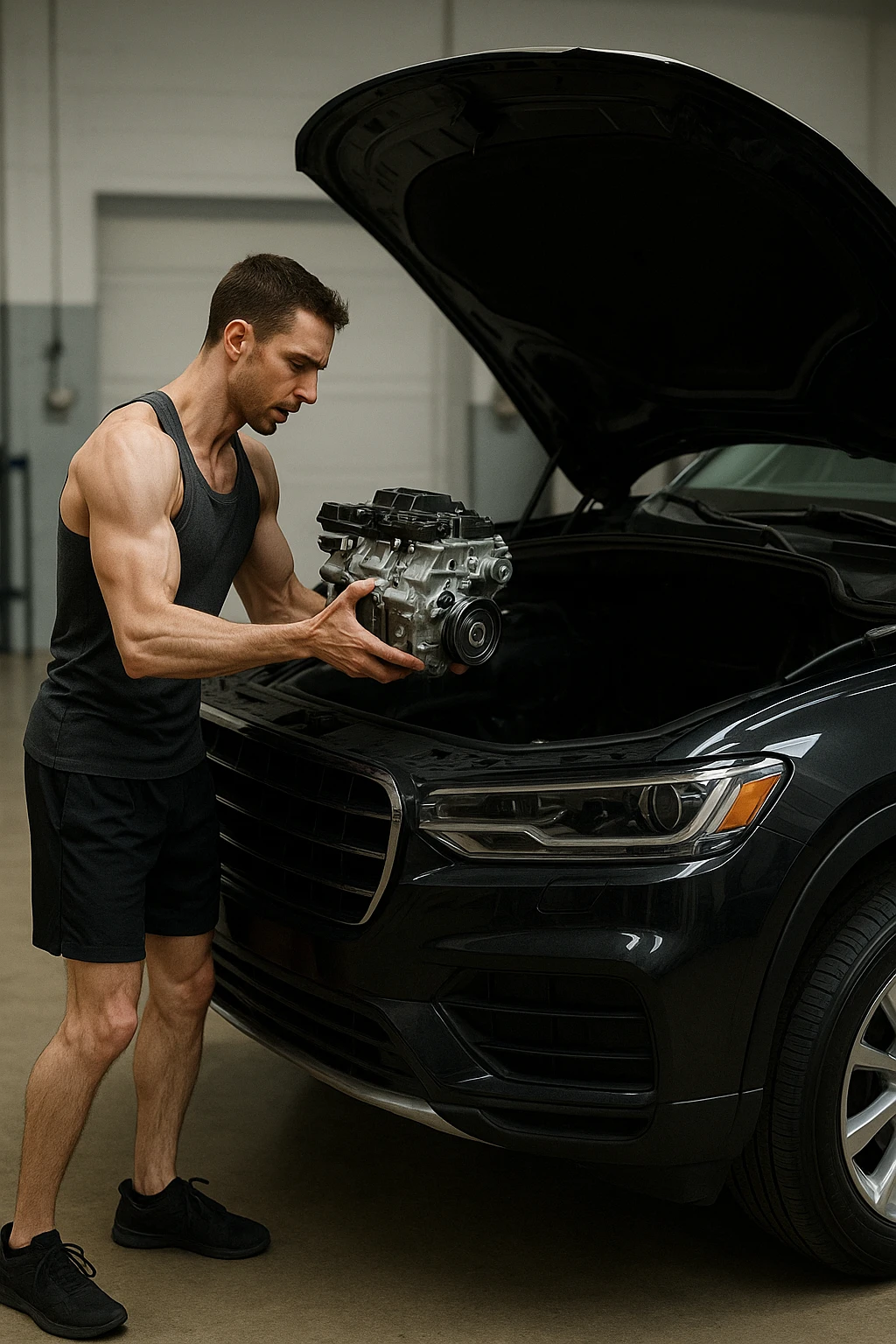 a lean, slimmed-down bodybuilder in gym clothes stands beside a large, imposing car (like an SUV or luxury sedan) with the hood open. Con attenzione e un po’ di fatica, solleva e installa un piccolo motore nel grande vano motore dell’auto. Il contrasto tra la stazza dell’auto e la dimensione ridotta sia del motore che del bodybuilder è evidente. L’atmosfera è riflessiva e simbolica. emoji