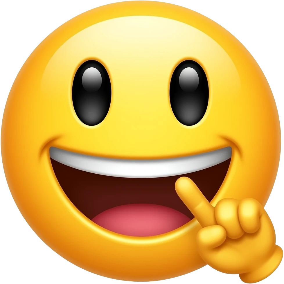 Смайлик  жёлтый и круглый который очень сильной смеётся и указывает пальцем emoji