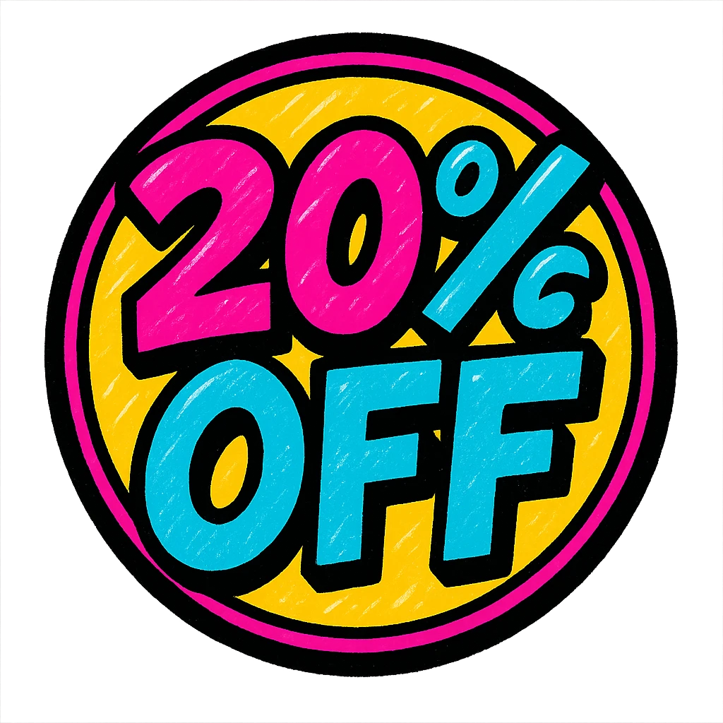 Round label with lettering 20% off with graffiti style  emoji