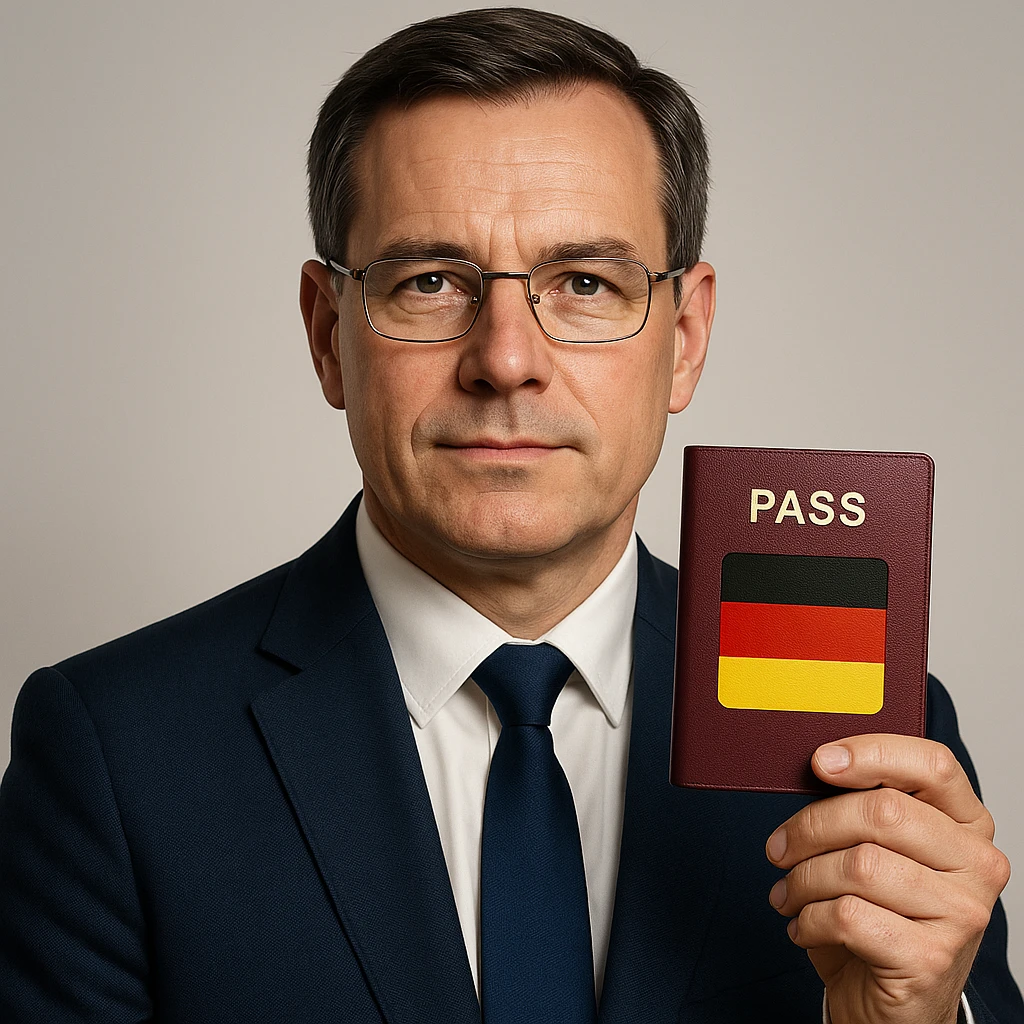 realistic portrait of a trustworthy and official looking person with a passport and German flag, app icon style emoji