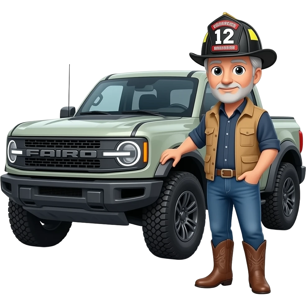 Ford bronco Cartoon emoji-style grey haired man in jeans, cowboy boots, and a firefighter helmet with 12 on the front standing next to marsh gray colored 2025 ford bronco emoji