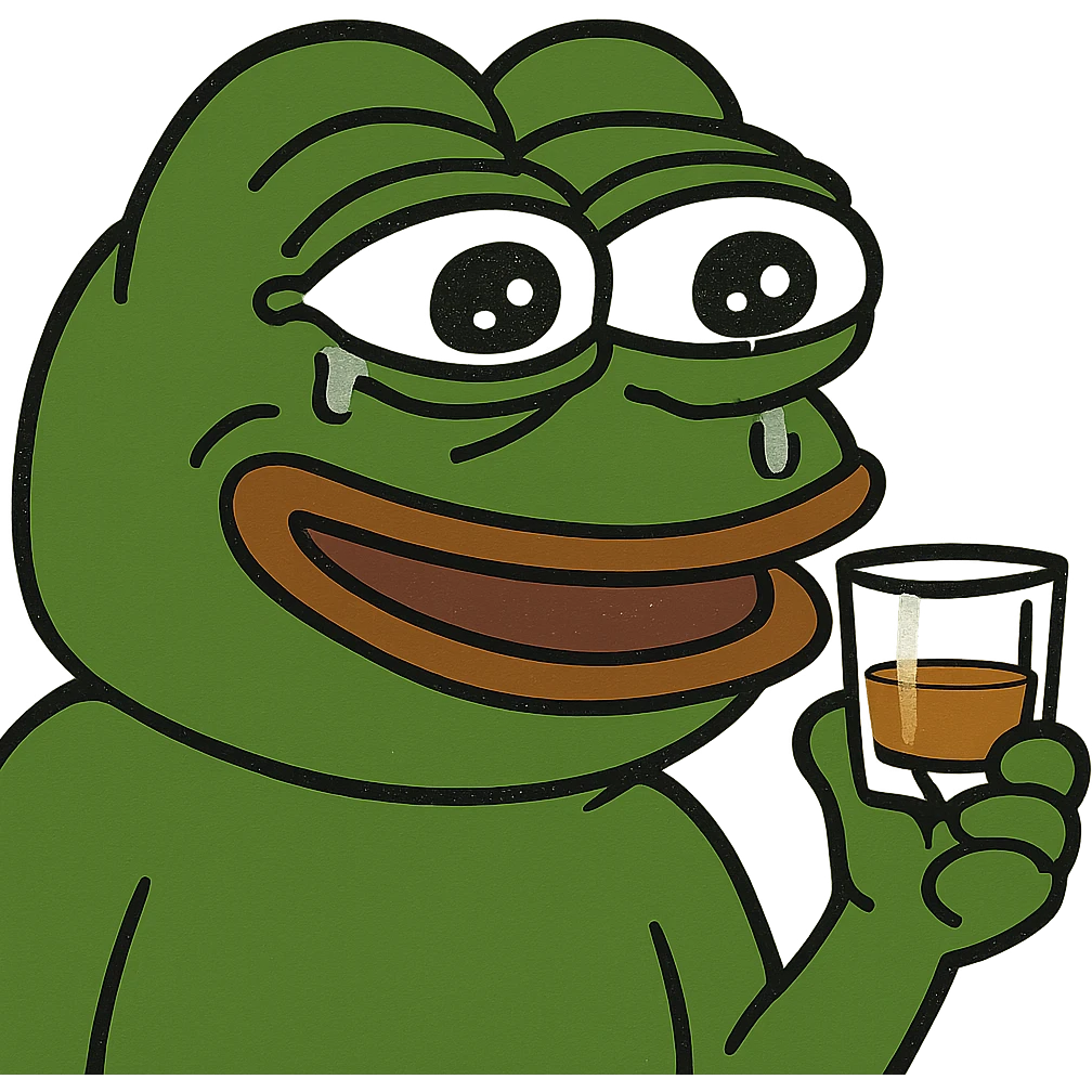 Pepe the Frog celebrating with a whiskey glass, pepe meme style emoji