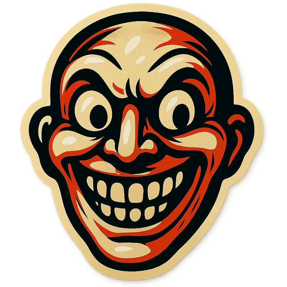 scary smiling creepy face, retro stickers style, sharp black outlines, simple but detailed drawing, expressive shadows and highlights, no gradients, only sharp color transitions emoji