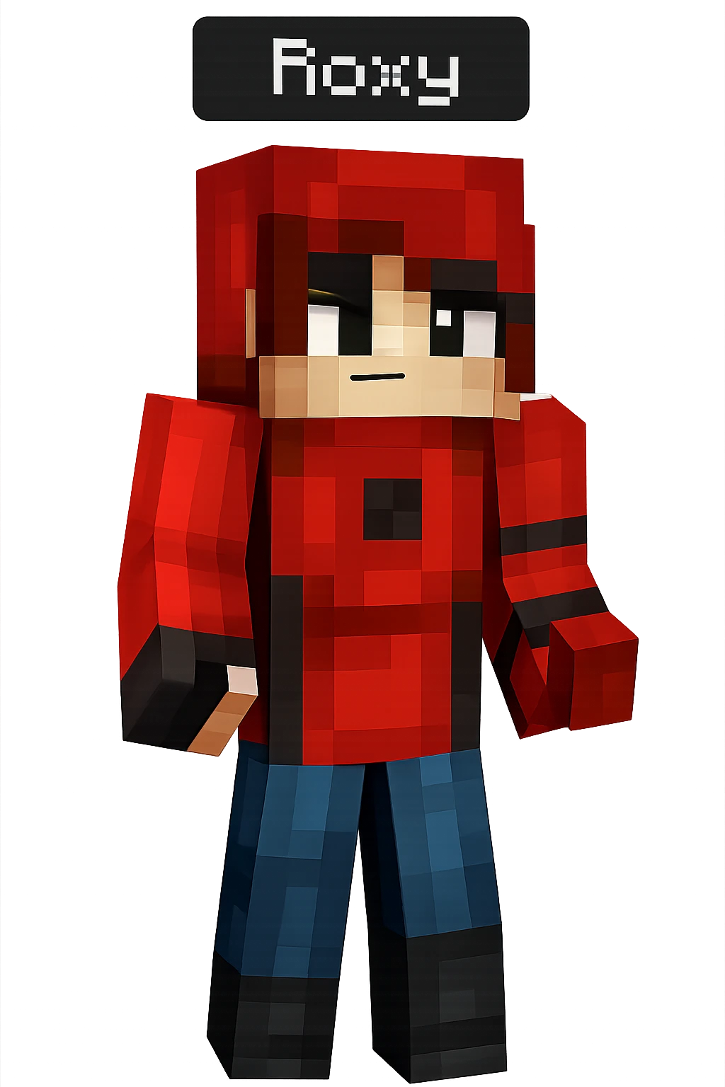 Extract the fourth character from the left with red hair and red outfit labeled 'Roxy' as a fully visible, separate image with a transparent background, keeping the original Minecraft cartoon style and appearance. emoji