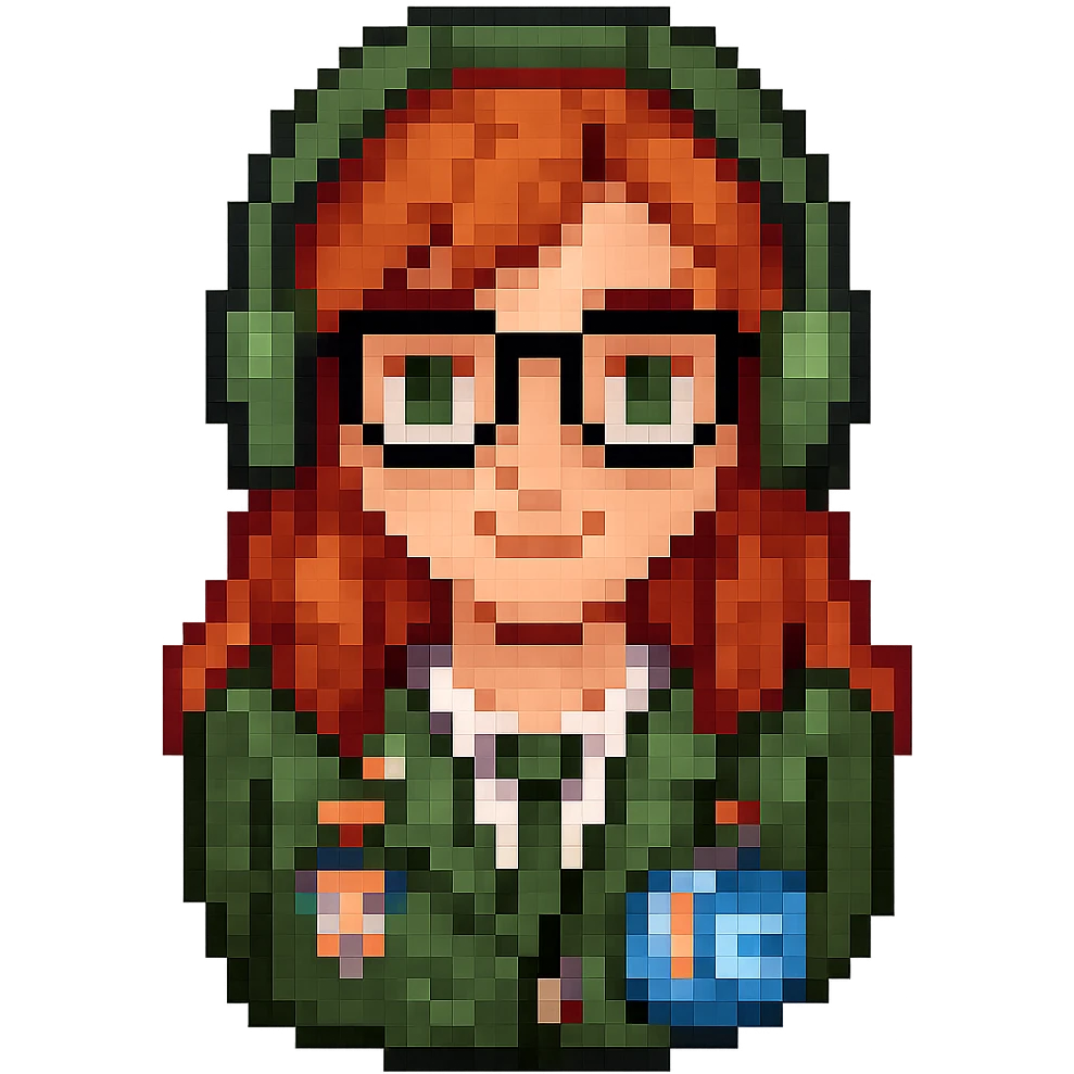 Add glasses to the female recruiter in a cute 8-bit pixel art style. Keep the headset and YC badge visible. Focus on shoulders and above only, with no background. emoji
