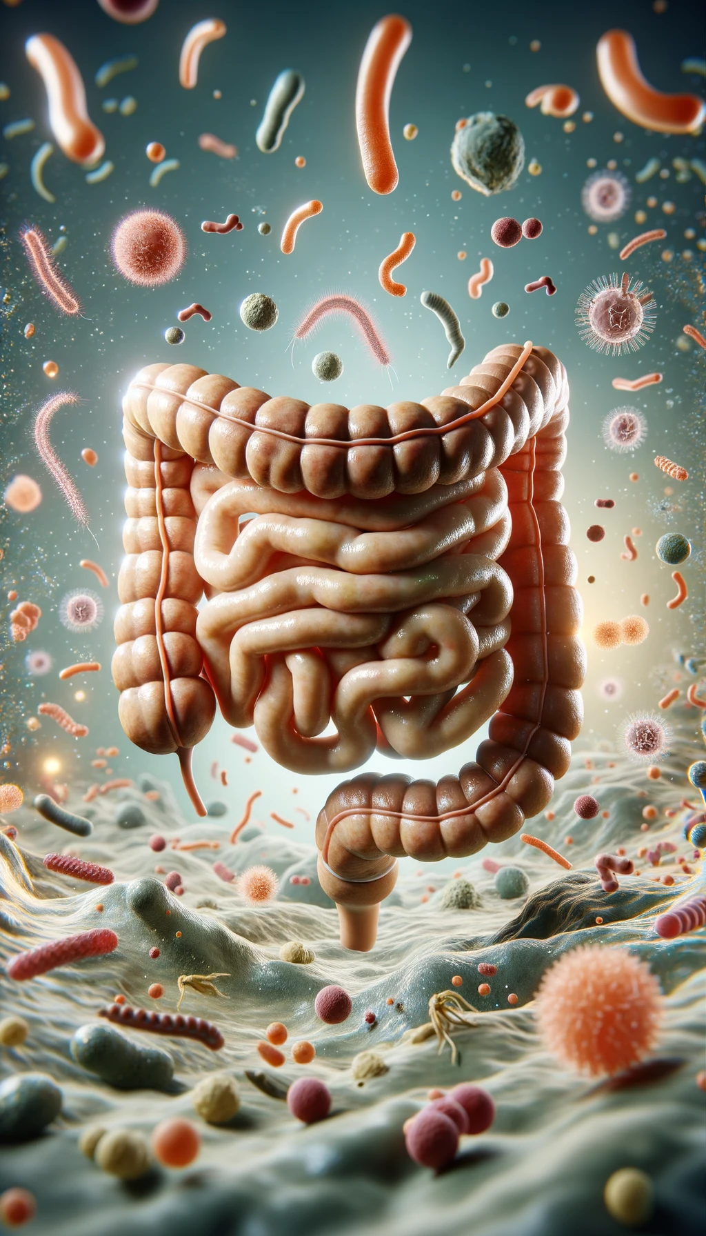 intestino umano realistico con batteri e parassiti che gli fluttuano intorno, iperrealistico 4k emoji