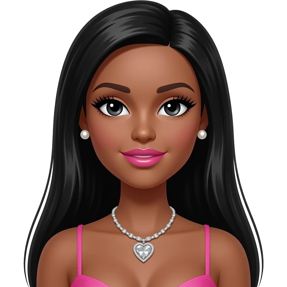 chocolate skin tone, Pink big lips, black doll eyes, dark brown skin, Long giant lashes,Doll faced shaped, silver Swarovski heart necklace, big Pearl earrings studs, bimbo, black doll eyes, barbie, darker brown skin with long black hair big breast no bra emoji
