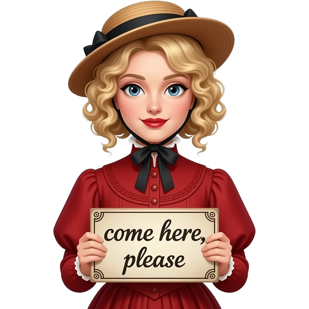 short blonde with spiral curly hair side swept bob pinned in a French twist  with a vintage sign saying come here, please in an 1800 red outfit  and vintage hat in red lipstick emoji