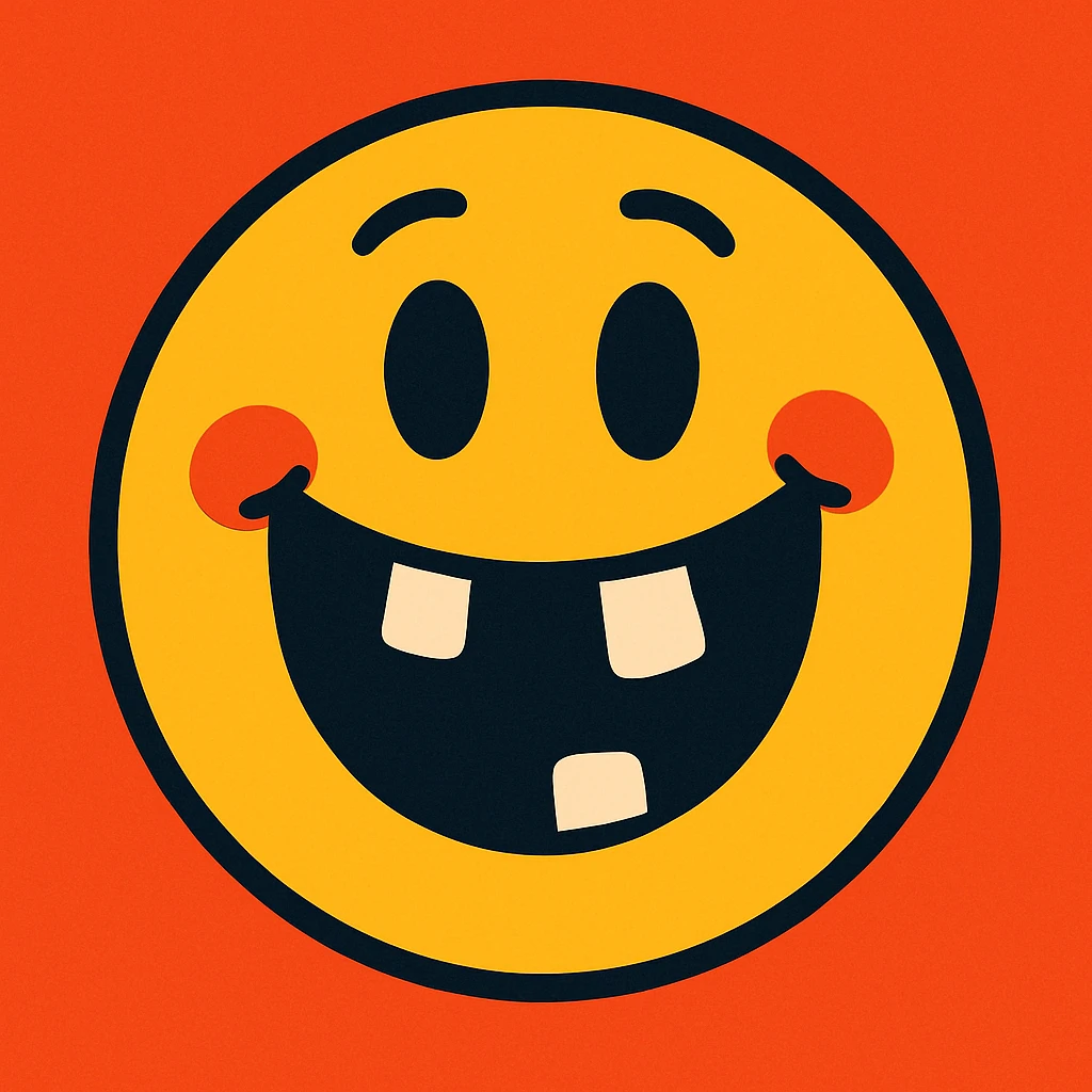 smiley face with missing teeth, cartoon style, vibrant toon illustration emoji