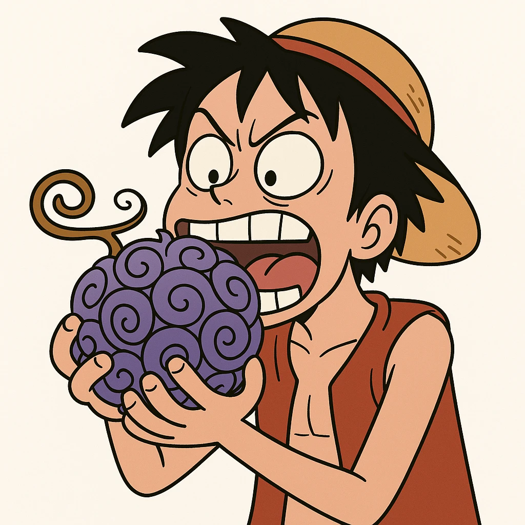 Luffy biting the gum gum fruit, cartoon style, saturated colors, white background emoji