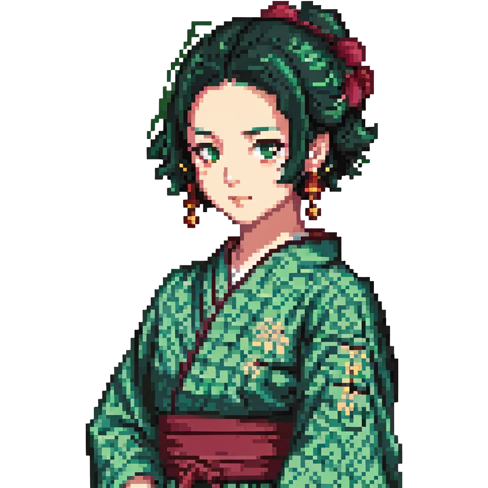 Tanjiro Kamado pixel art style, green checkered haori, hanafuda earrings, short black hair with burgundy tips emoji