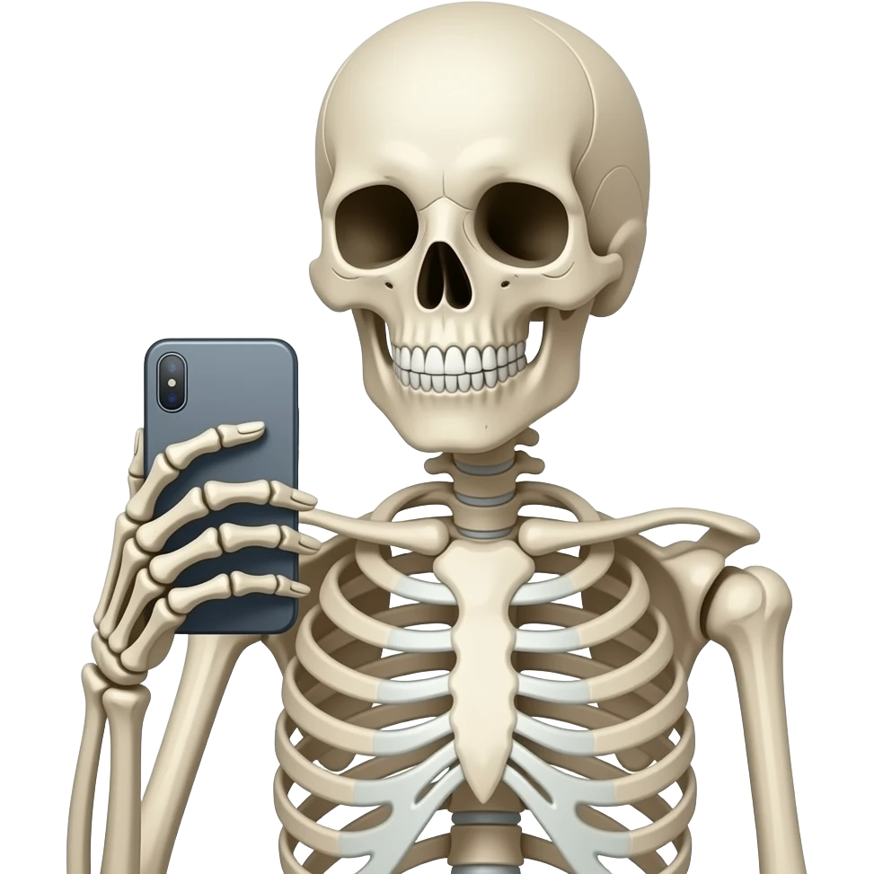 skeleton with cellphone looking for love emoji