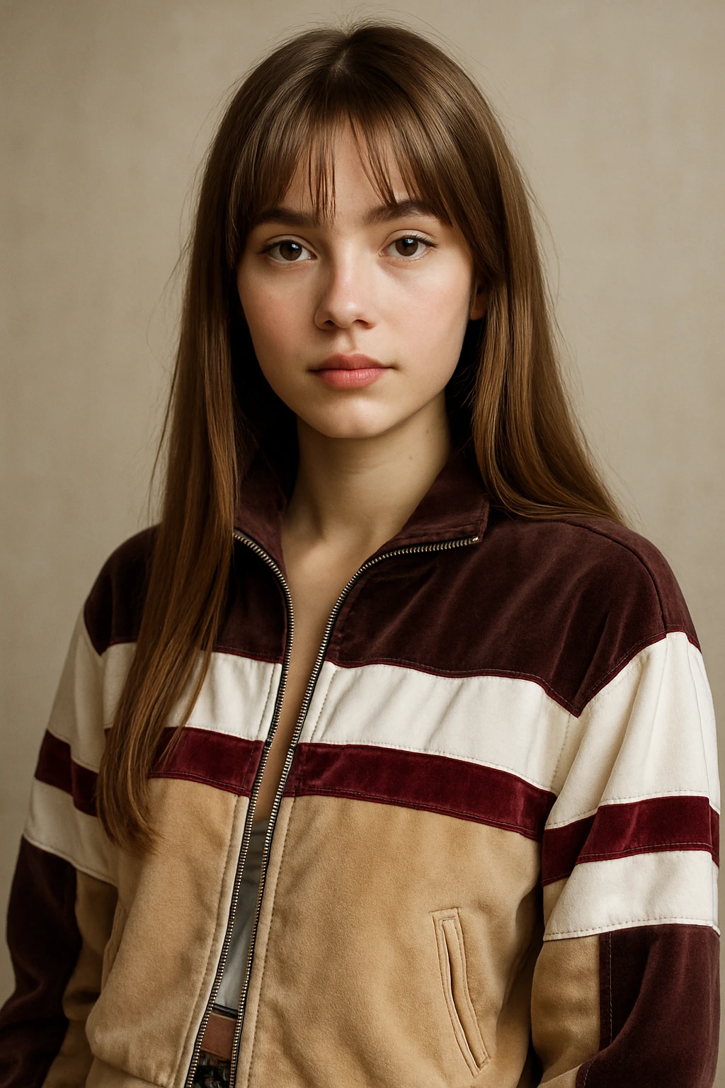 light fair skin girl with straight long light brown hair and curtain bangs, dark brown almond eyes, wearing a Y2K style jacket, detailed, trendy, realistic portrait emoji