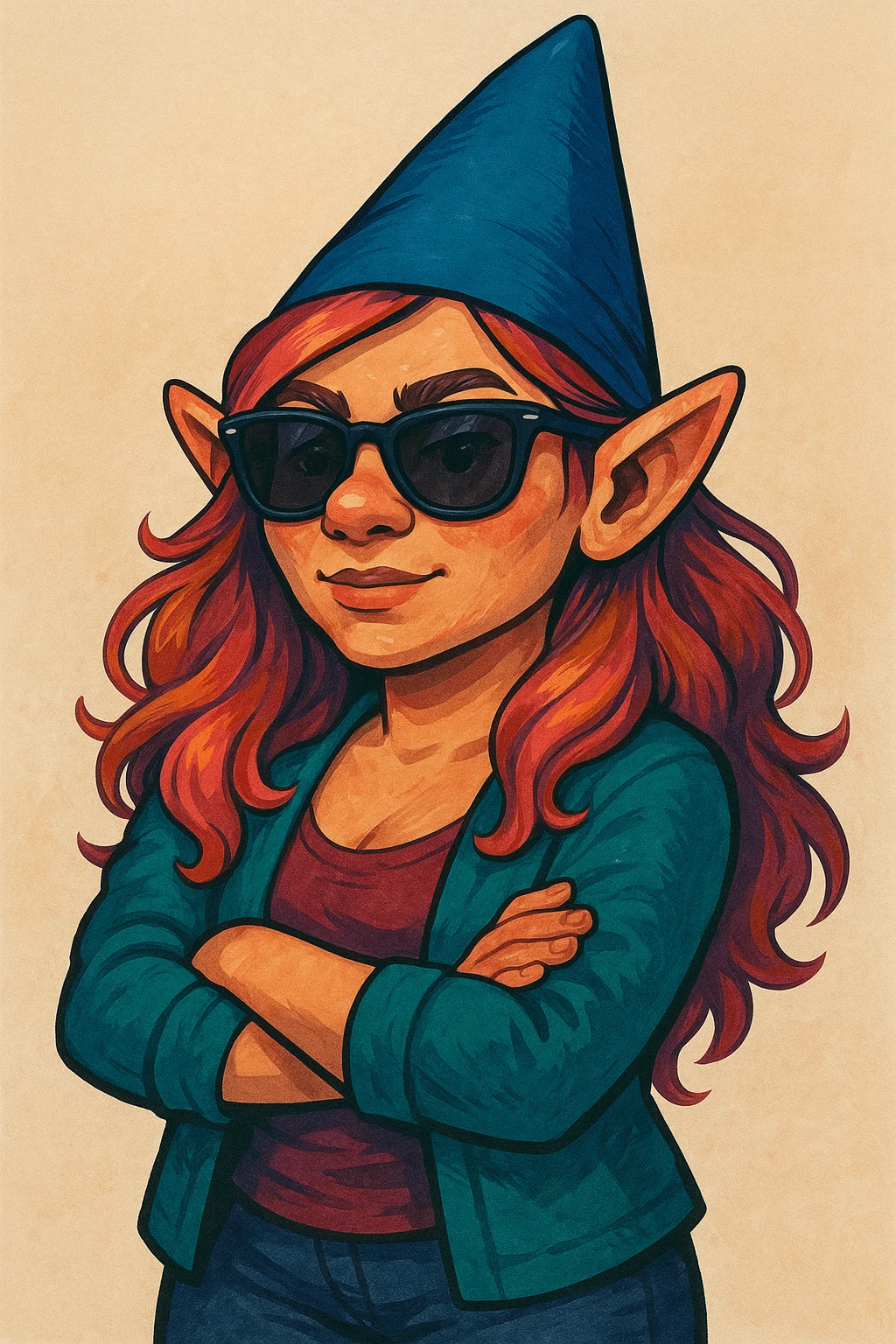 female gnome with sunglasses, modern illustration, confident pose emoji